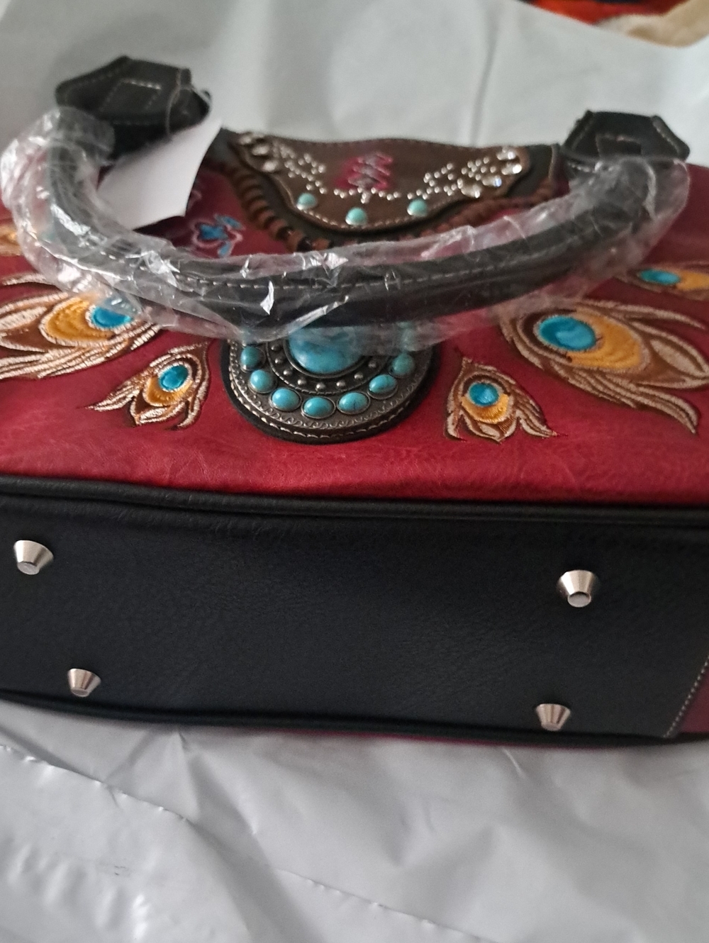 Red Embroidered Turquoise Accent Satchel Handbag - Picture 7 of 7